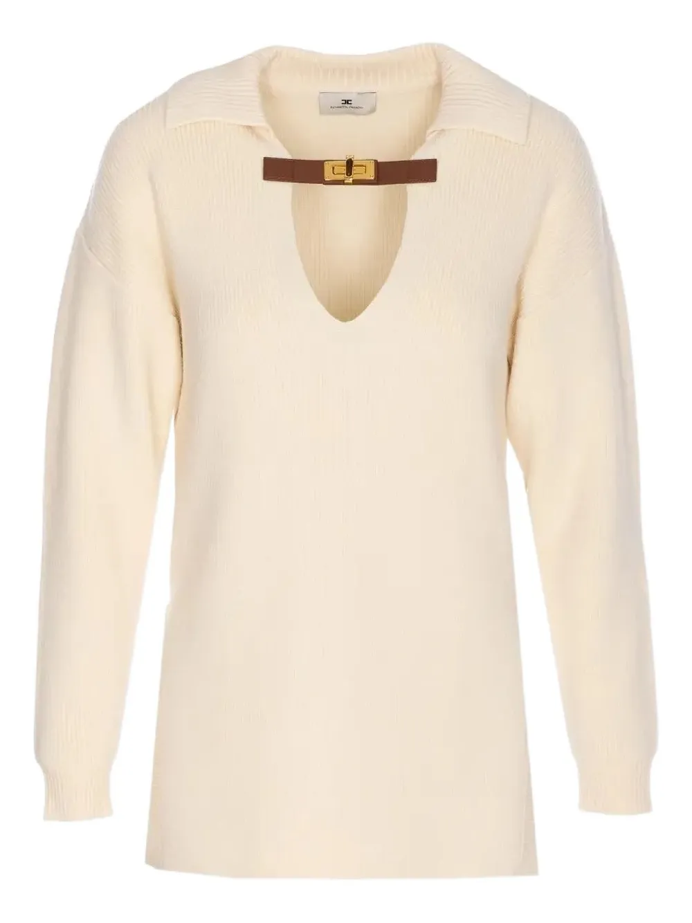 Elisabetta Franchi Knitwear With Buckle Detail And V-neckline In Neutral