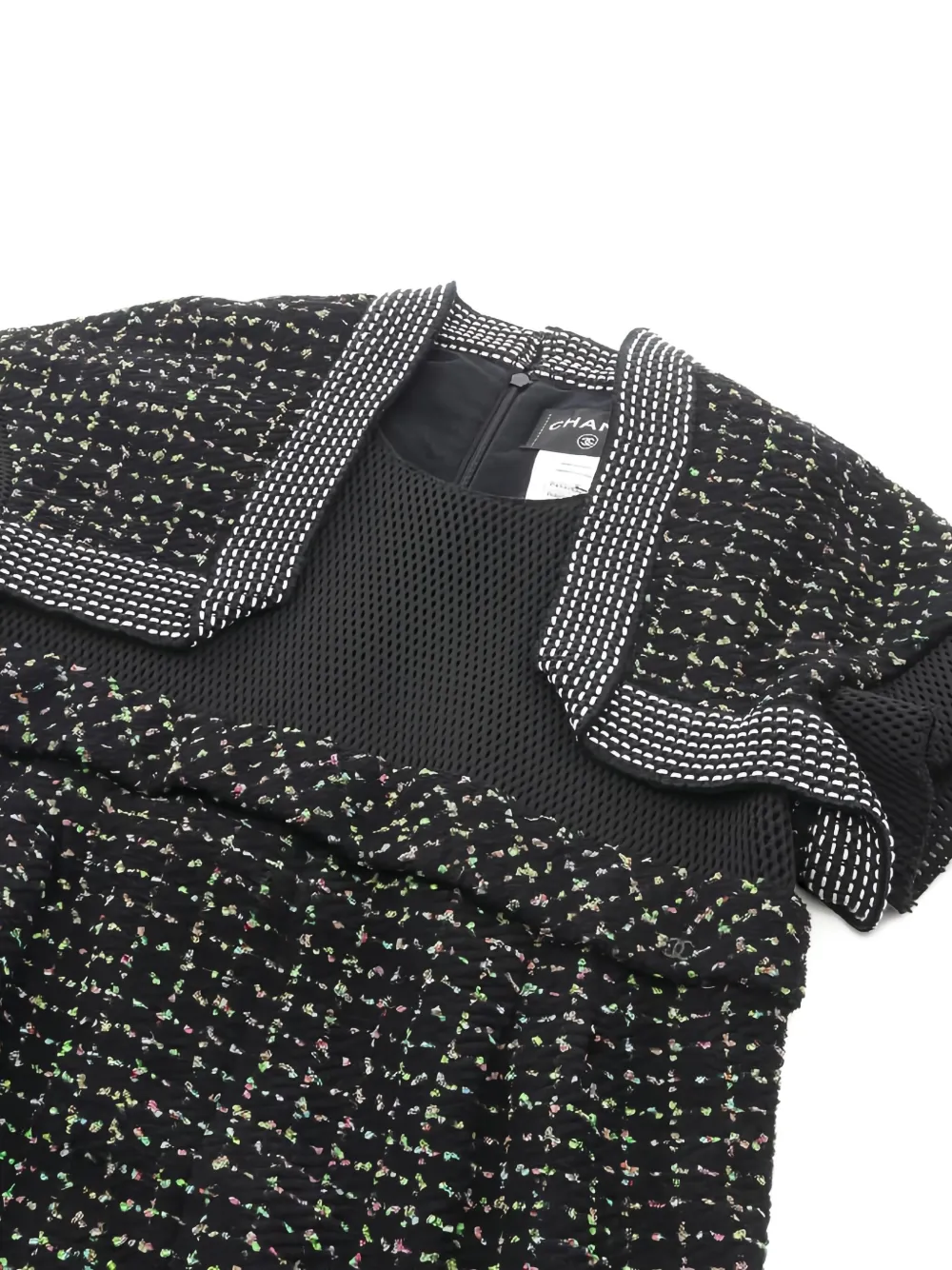 Pre-owned Chanel 1986-1988 Tweed Mesh-panel Mini Dress In Black