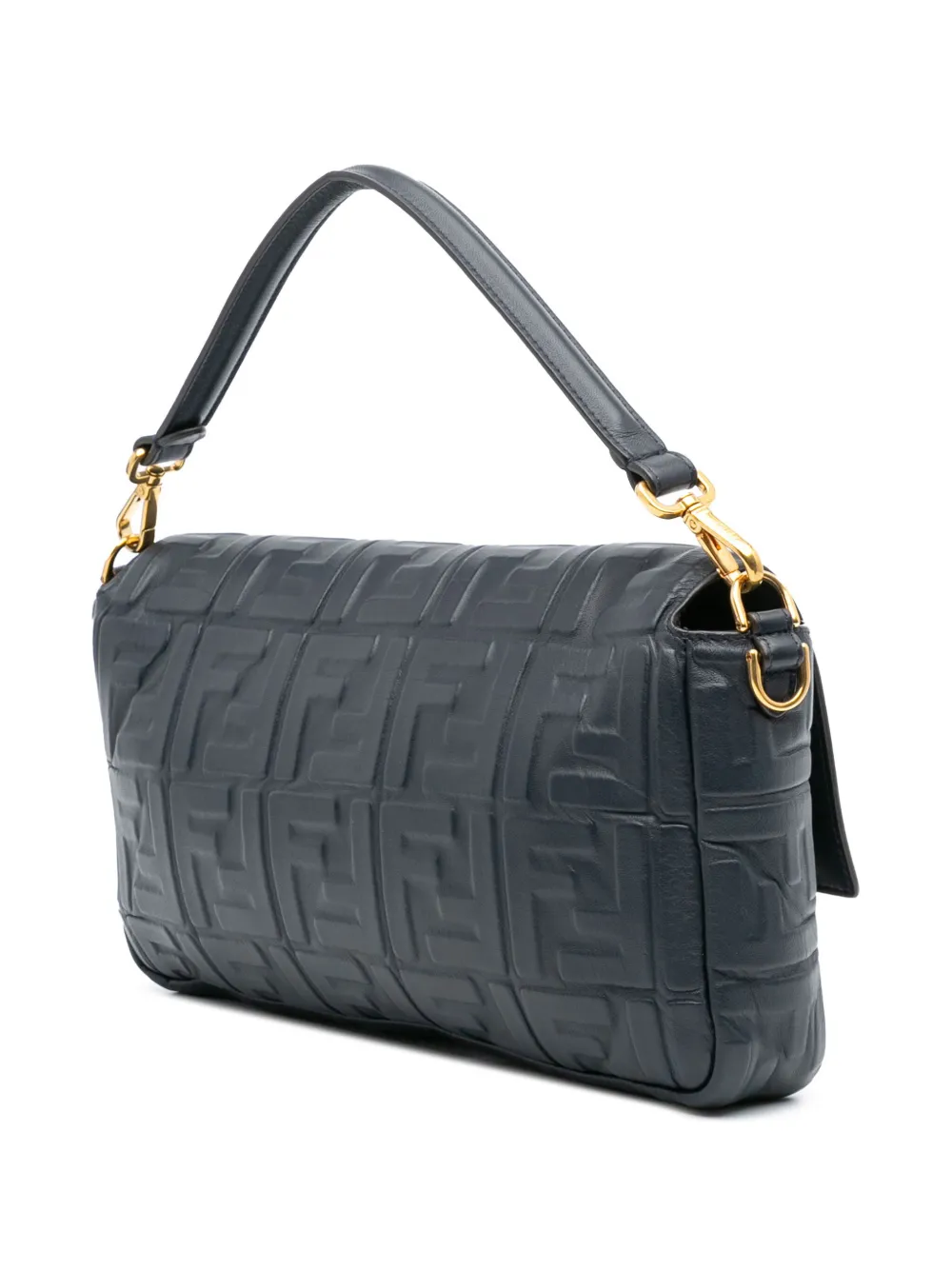 Pre-owned Fendi 2010-2025 Large Zucca Embossed Leather Baguette Satchel In Blue