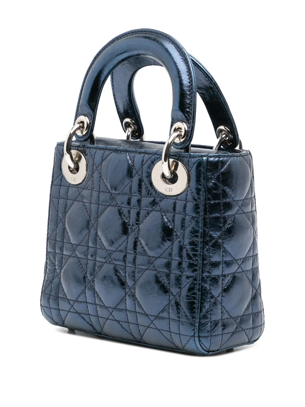 Pre-owned Dior 2014 Mini Crinkled Calfskin Cannage Lady Satchel In Blue