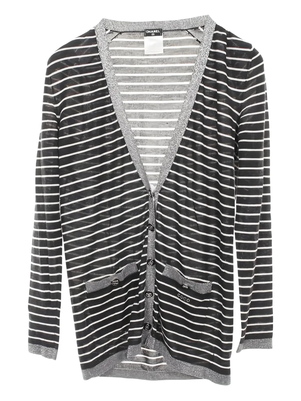 CHANEL Pre-Owned stripes coco mark cardigan - ブラック CHANEL Pre-Owned stripes coco mark cardigan - ブラック
