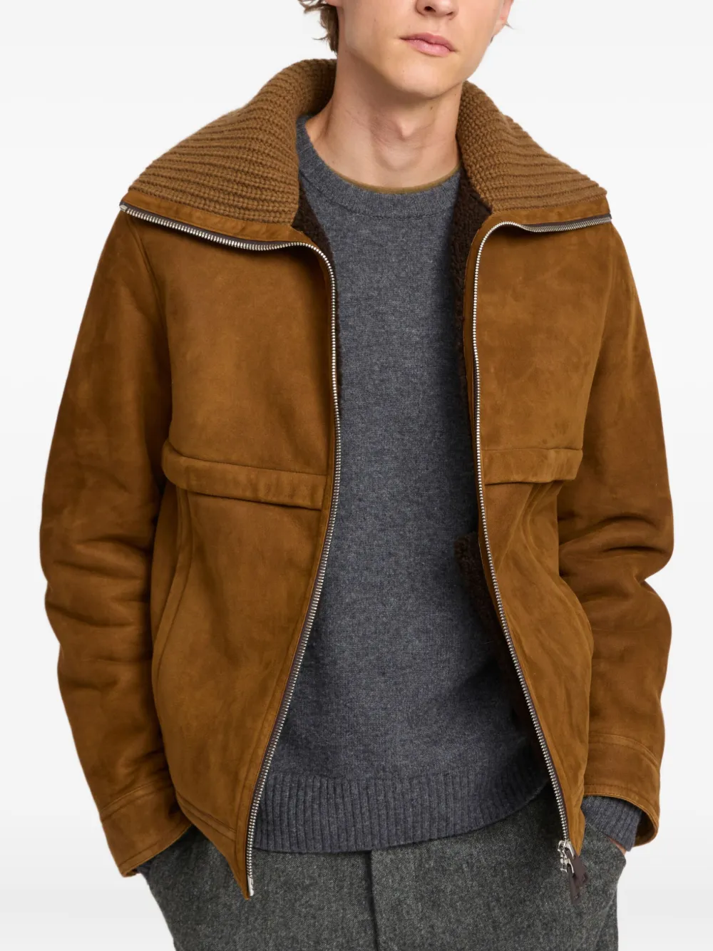Yves Salomon Knitted-collar Suede Jacket In Brown