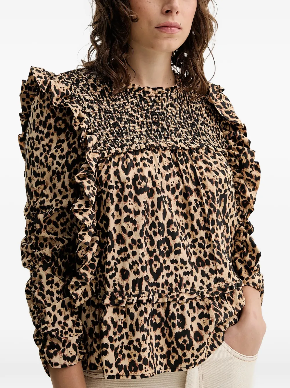 MUNTHE Crisp blouse met dierenprint en ruches Beige