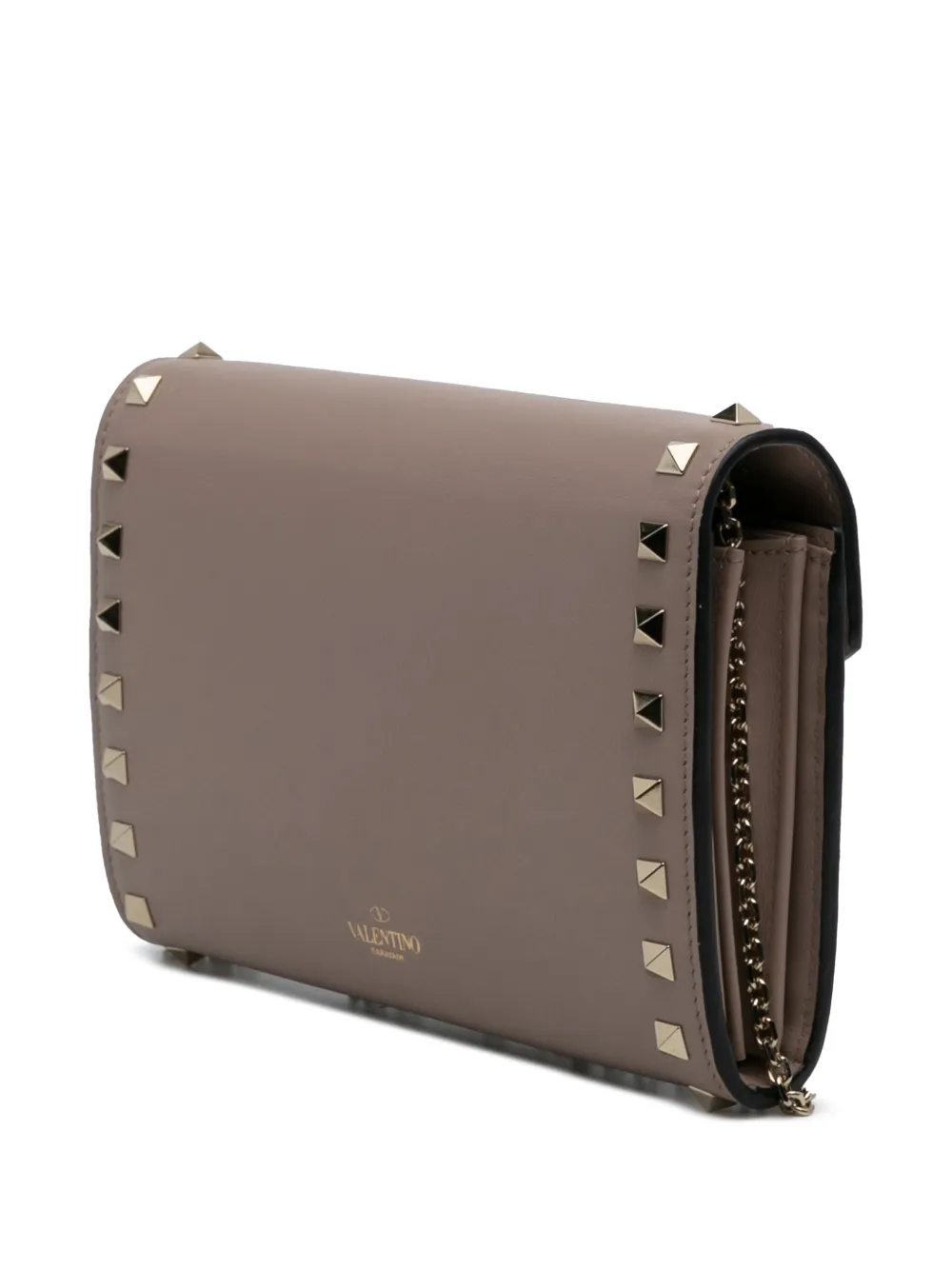 Pre-owned Valentino Garavani 2000-2017 Calfskin Rockstud Envelope Wallet On Chain Crossbody Bag In Brown