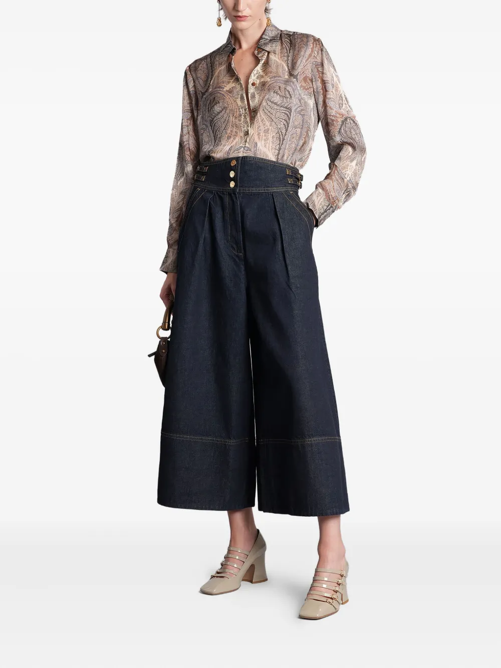 Zimmermann Buckle-detail Pleated Denim Culottes In Black