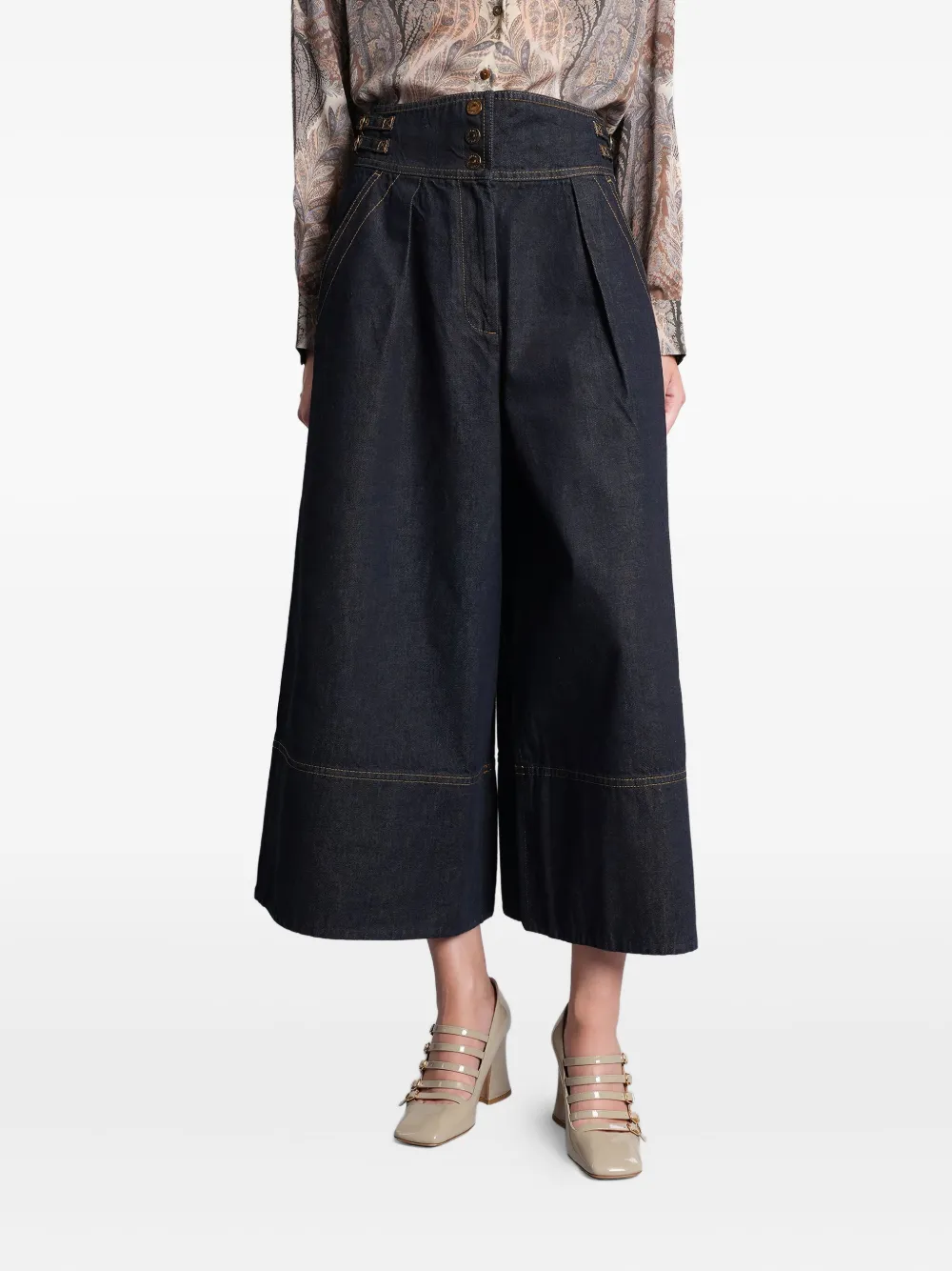 Zimmermann Buckle-detail Pleated Denim Culottes In Black