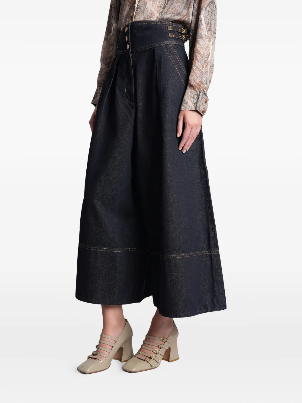 Zimmermann Buckle-detail Pleated Denim Culottes In Black