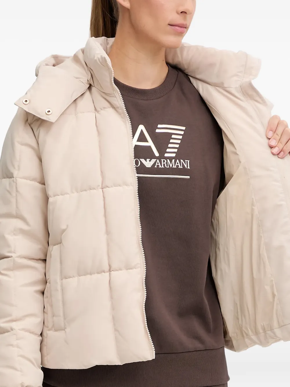 Ea7 Hooded Quilted Jacket In Neutral
