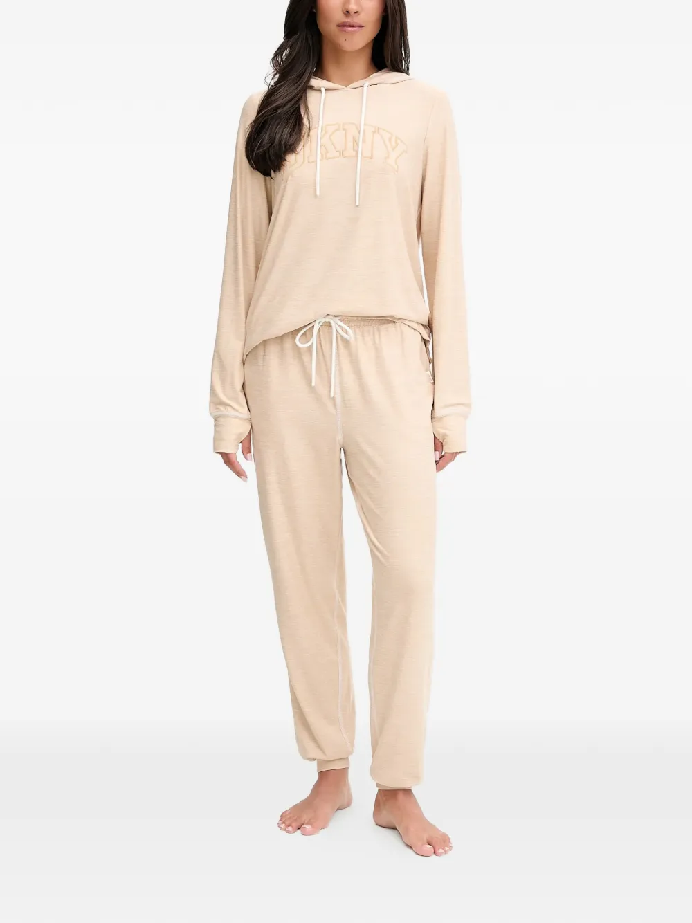 Dkny Hooded Long-sleeved Pajama Set In Neutral