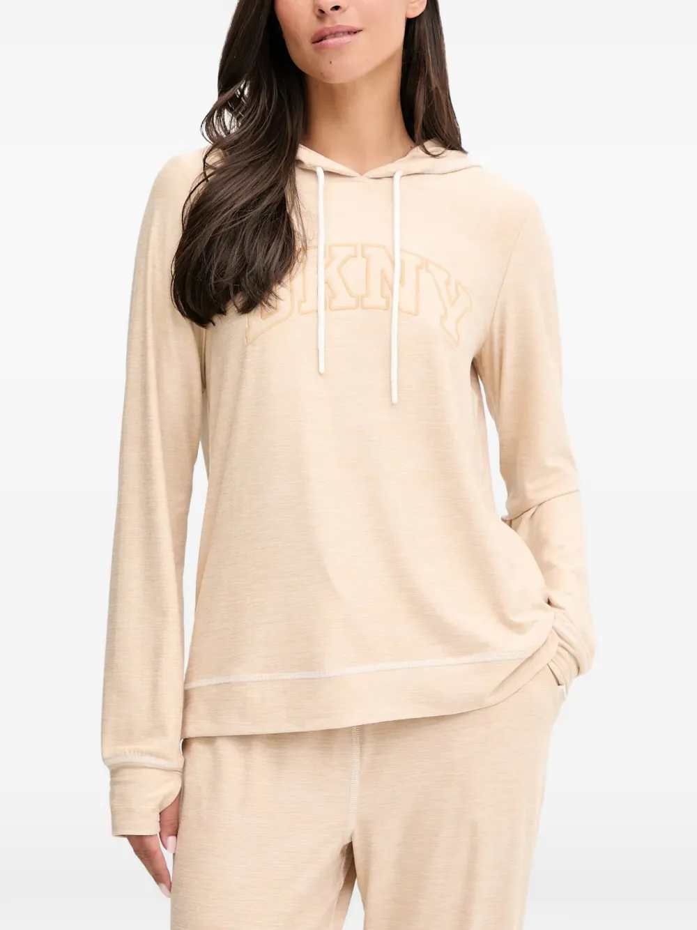 Dkny Hooded Long-sleeved Pajama Set In Neutral