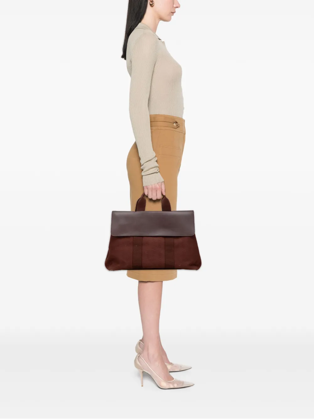 Pre-owned Hermes 2000-2010 Toile And Swift Valparaiso Mm Handbag In Brown
