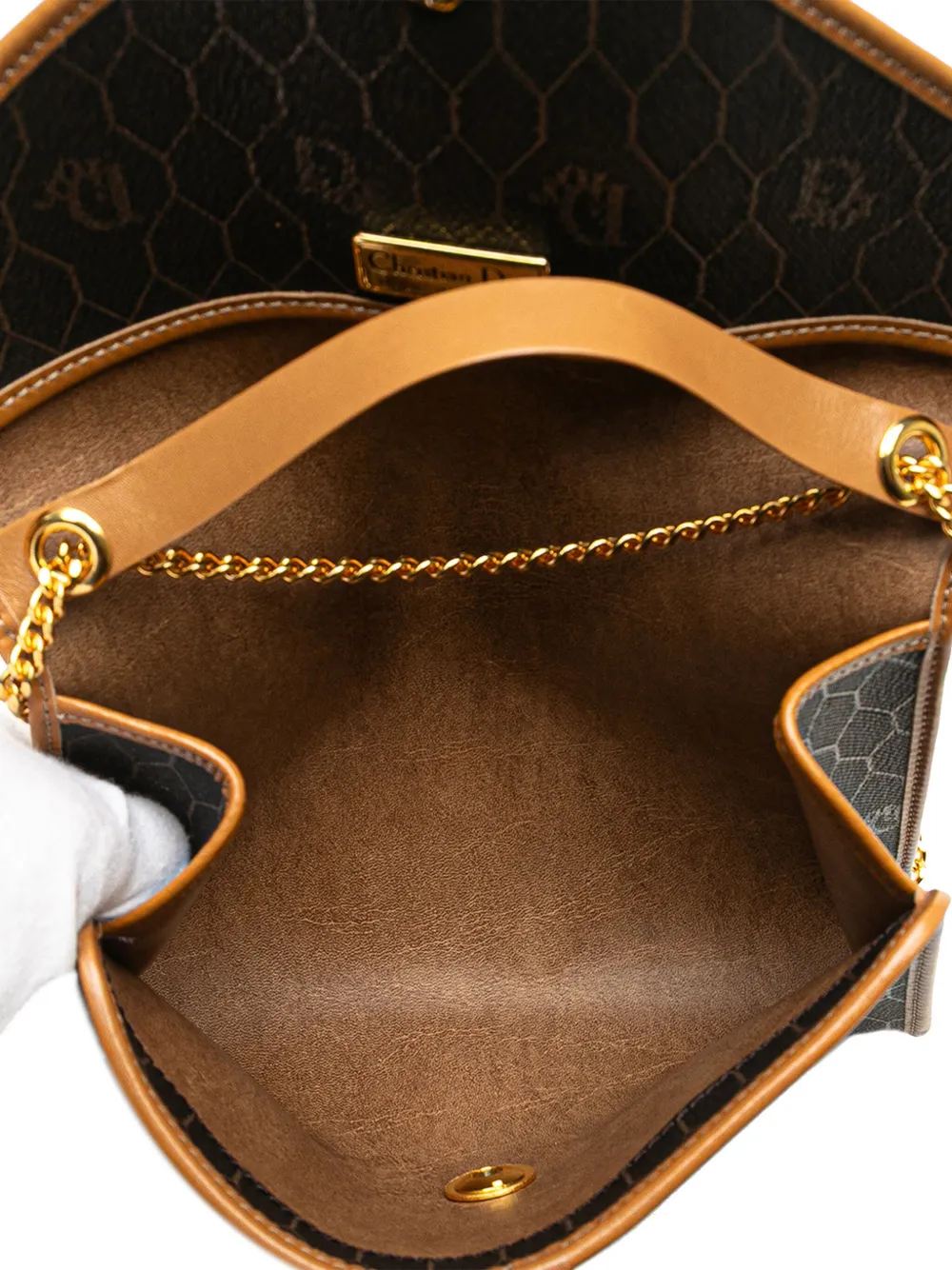 Pre-owned Dior 20th Century Honeycomb Coated Canvas Chain Crossbody Bag In Black