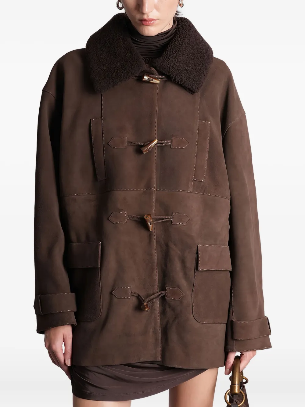 Siedres Theo Shearling Toggle Coat In Brown