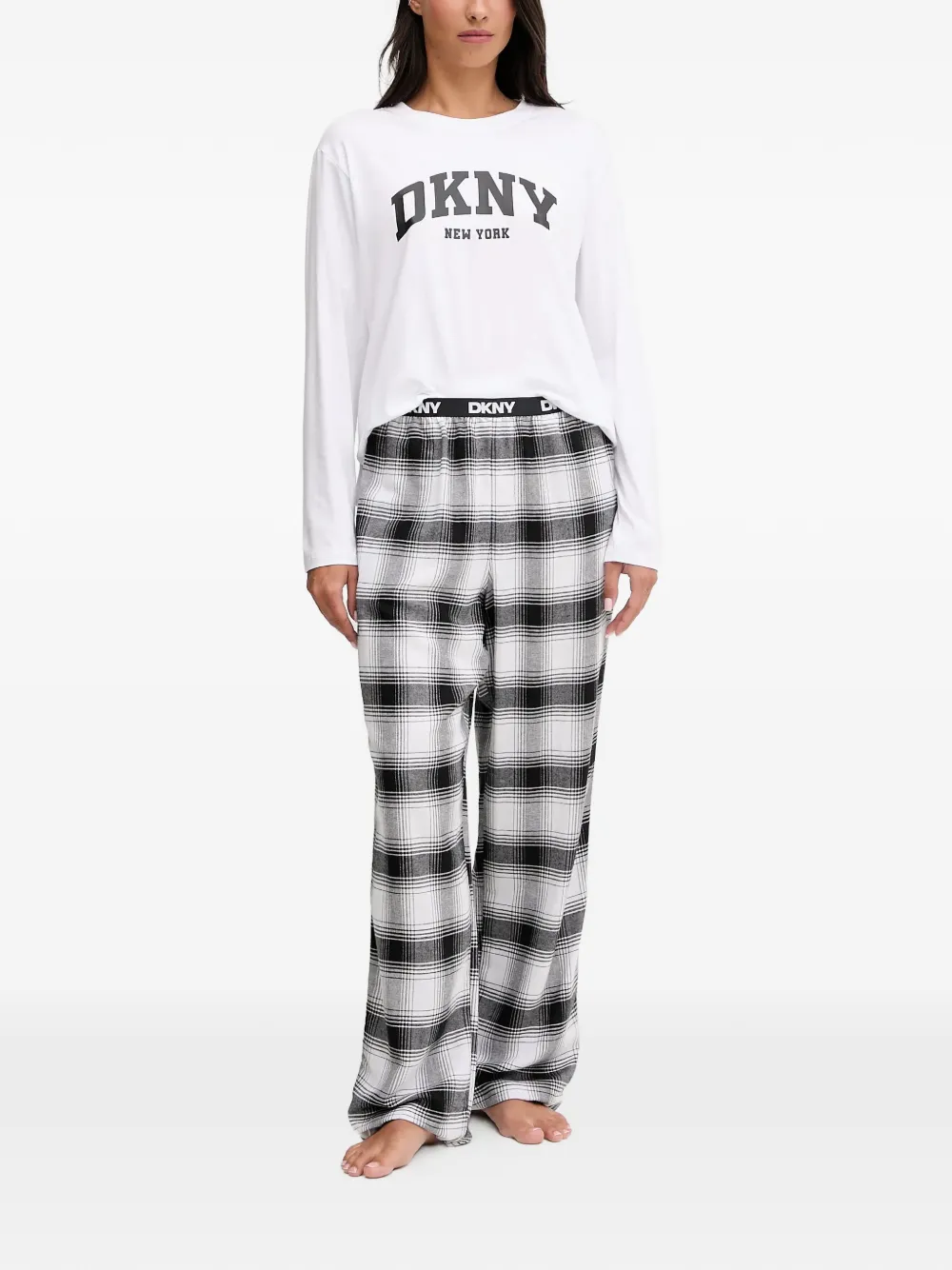 Dkny Long-sleeve Plaid Pajama Set In White