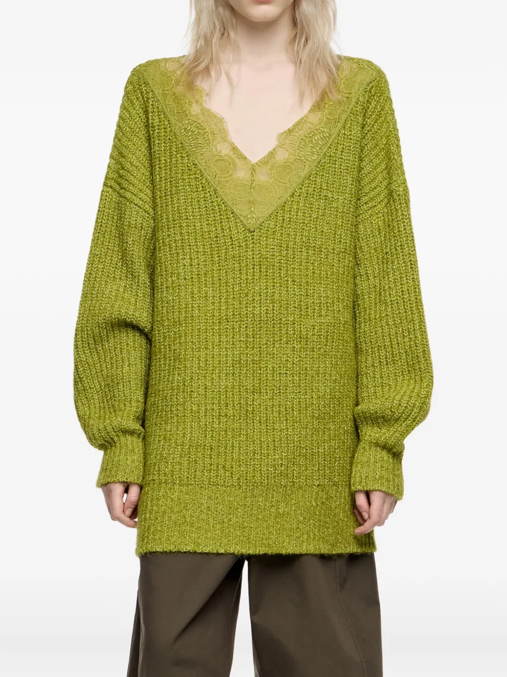 Bimba Y Lola Lace V-neck Sweater In Green