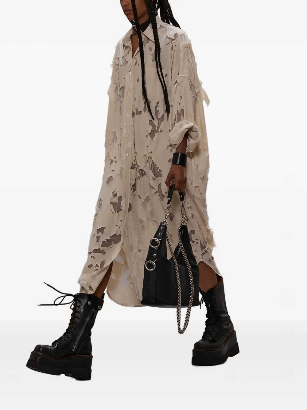 R13 Distressed-effect Midi Shirt Dress In Neutral
