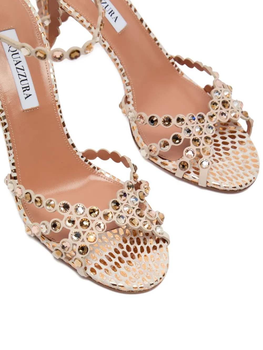 Aquazzura 85 mm Tequila gewelfde verfraaide sandalen Beige