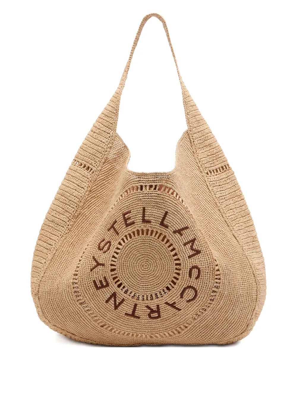 Stella Mccartney Beige Crochet Shoulder Bag With Logo Embroidery On The Front In Rafia Woman In Nude