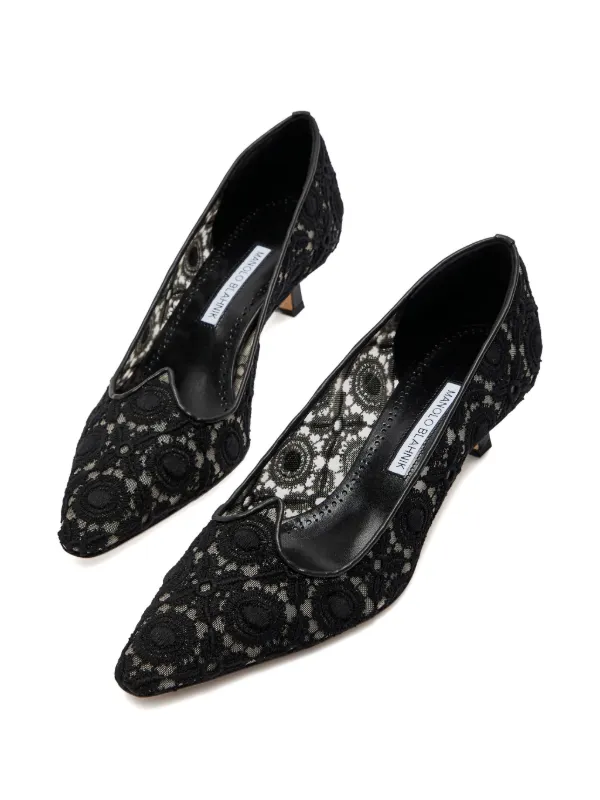 Manolo Blahnik Sapato Euridi Com Renda e Salto 50mm | Preto