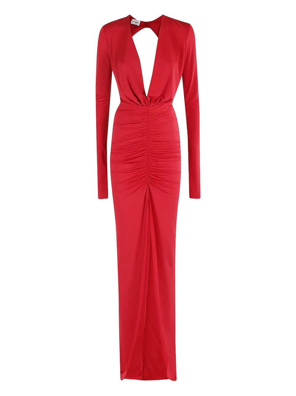 The Andamane Draped Long Red Maxi Dress With V-neckline And Front Slit In Red