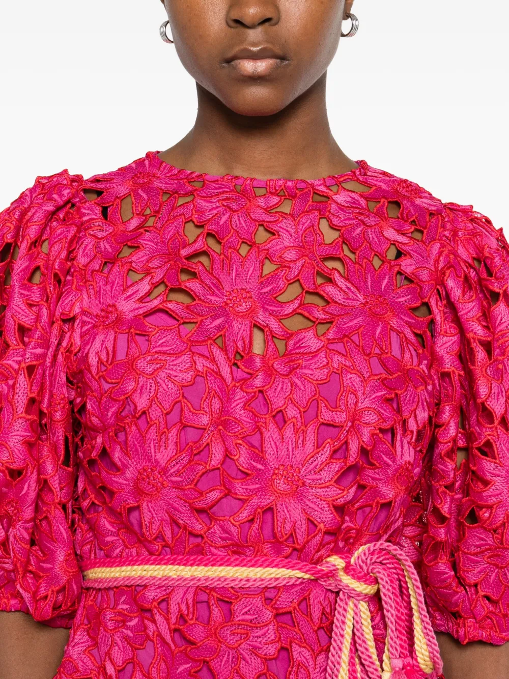 Farm Rio Belted Lace Midi Dress In Pink
