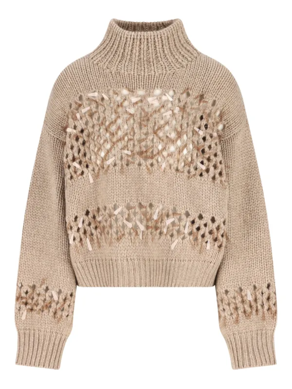Brunello Cucinelli Openwork Ribbed Sweater in Brown