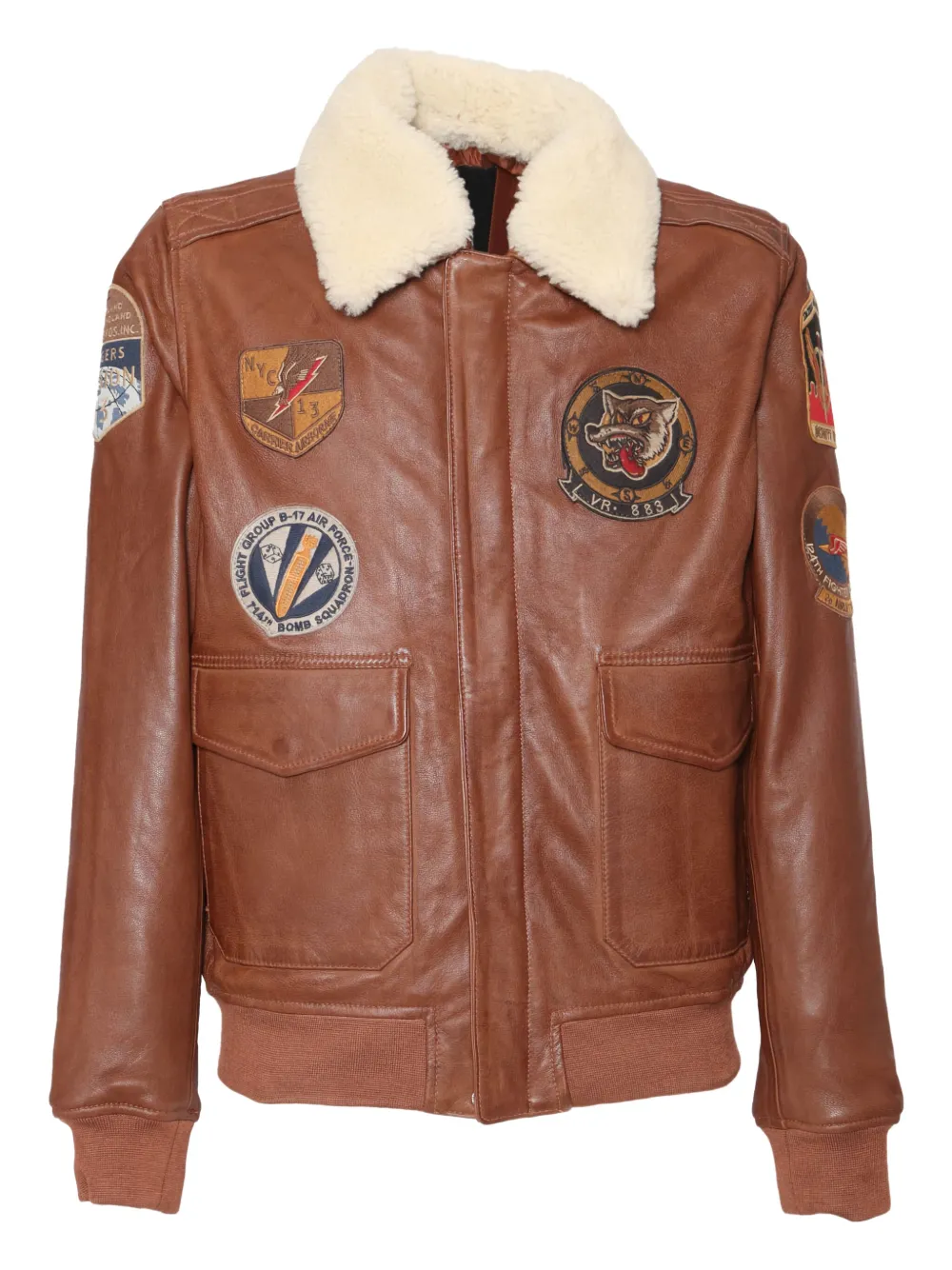 Schott patch-detailed leather bomber jacket - Marrone