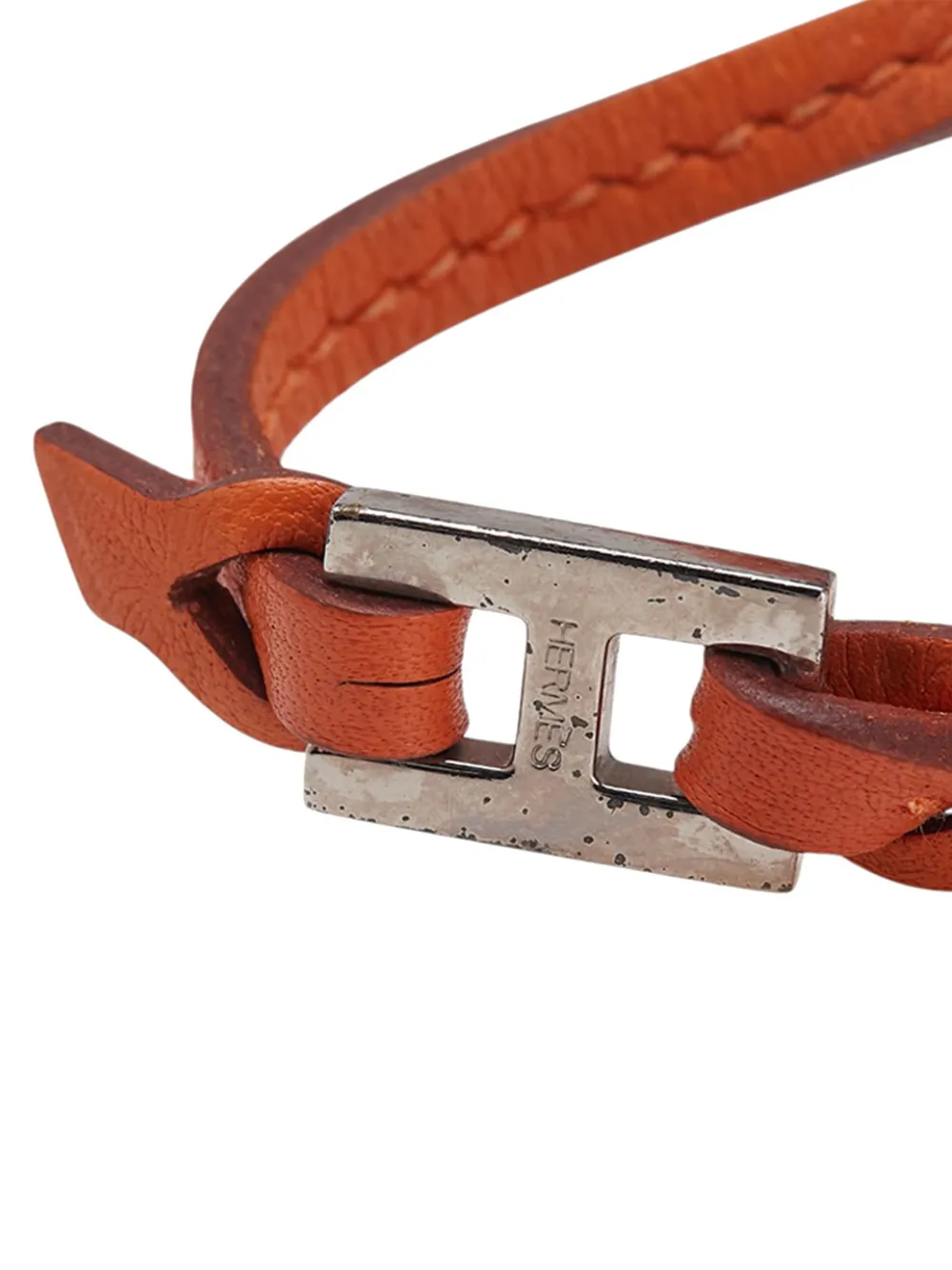 Pre-owned Hermes 2000-2025 Leather H Logo Double Tour Bracelet Costume Bracelet In Orange