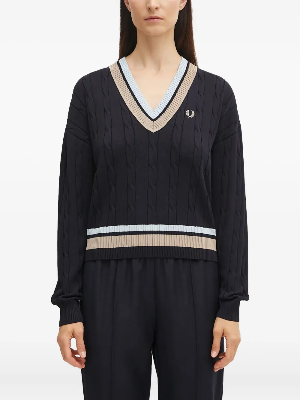 Fred Perry Cable-knit V-neck Sweater In Black