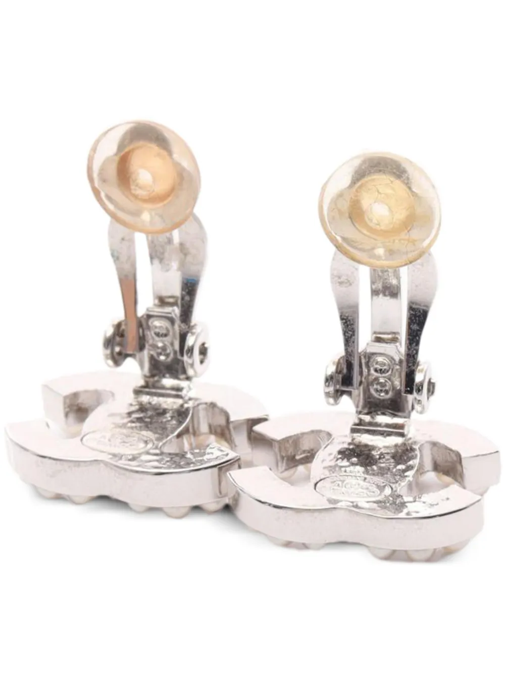 Pre-owned Chanel Coco Mark Faux Pearl Earrings In Silver