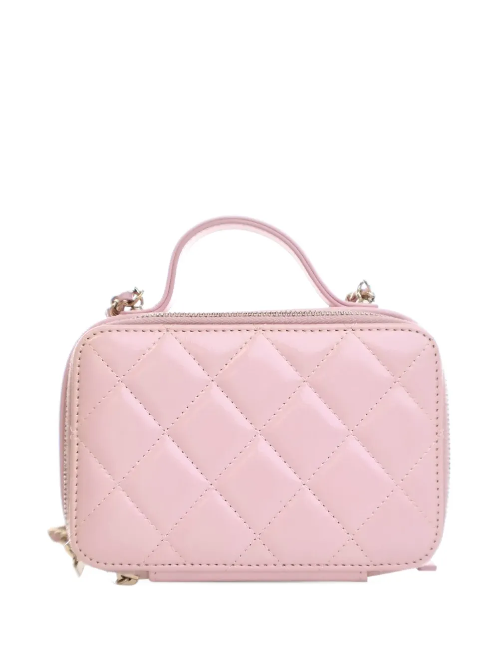 Pre-owned Chanel 2021-2025 Mini Cc Glazed Calfskin Double Zip Top Handle Vanity Case Satchel In Pink