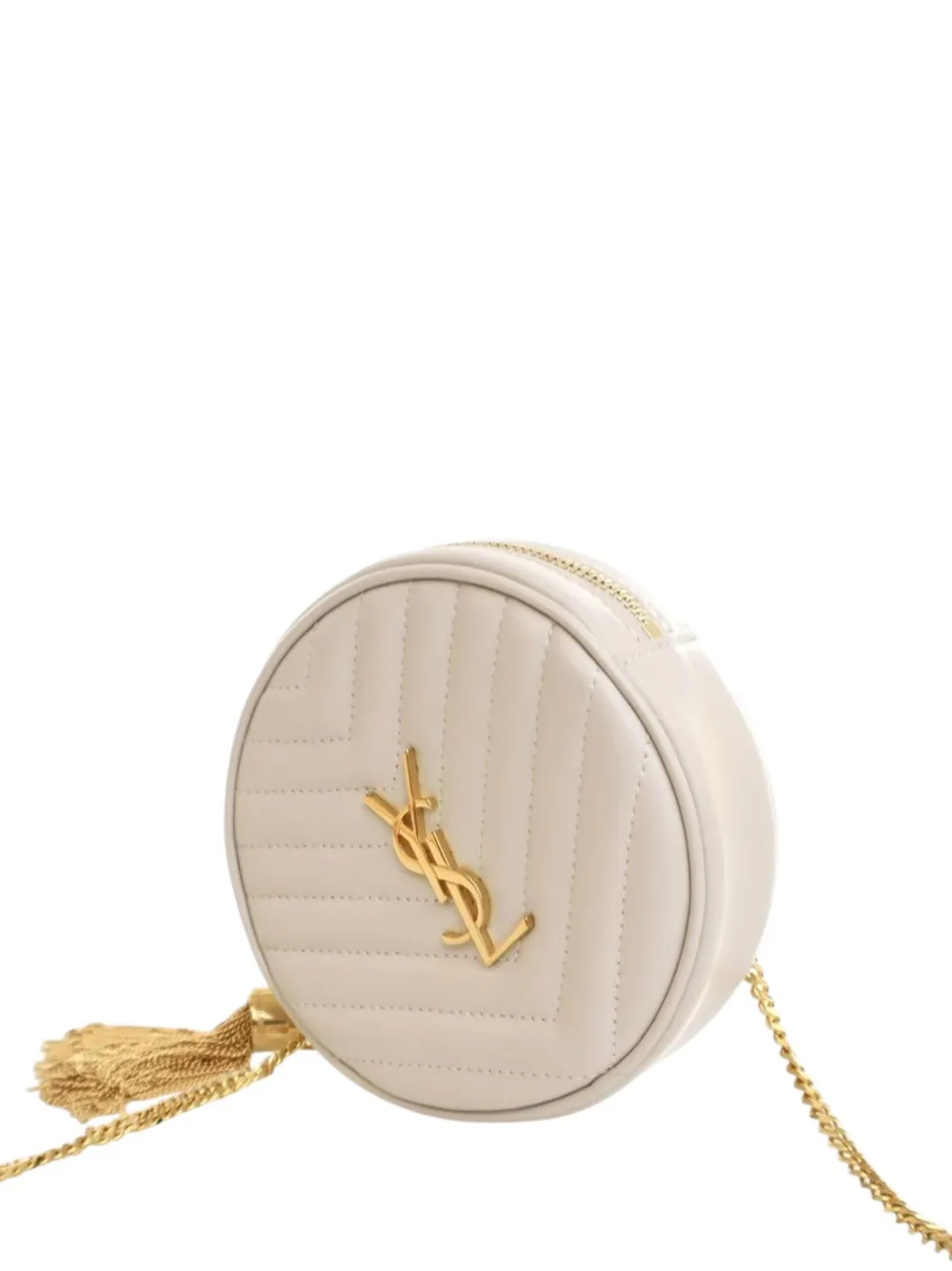 Pre-owned Saint Laurent 2022 Baby Chevron Calfskin Round Vinyle Belt Bag In White