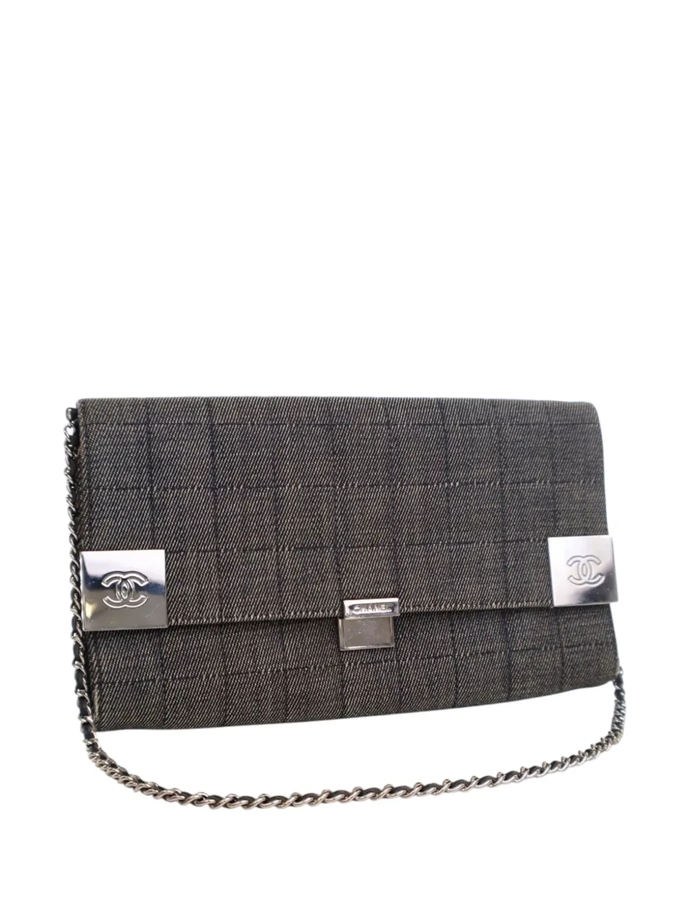 Pre-owned Chanel 2002-2003 Cc Choco Bar Denim Chain Flap Shoulder Bag In Gray