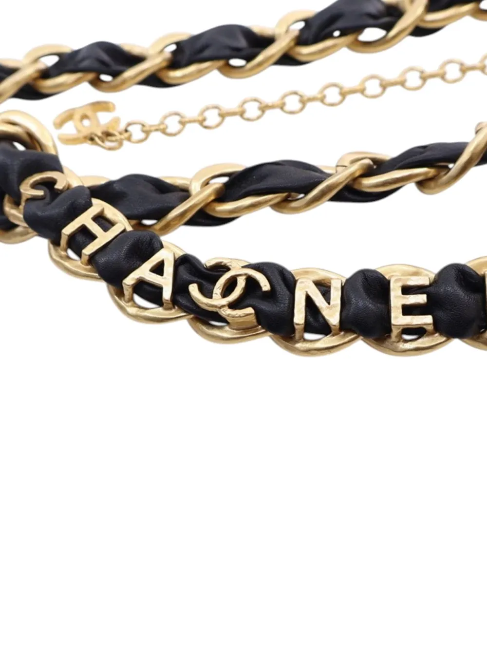 Pre-owned Chanel 2020 Cc Gold Plated Leather Woven Logo Layered Chain Belt In Black