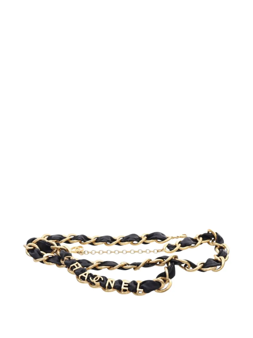 Pre-owned Chanel 2020 Cc Gold Plated Leather Woven Logo Layered Chain Belt In Black