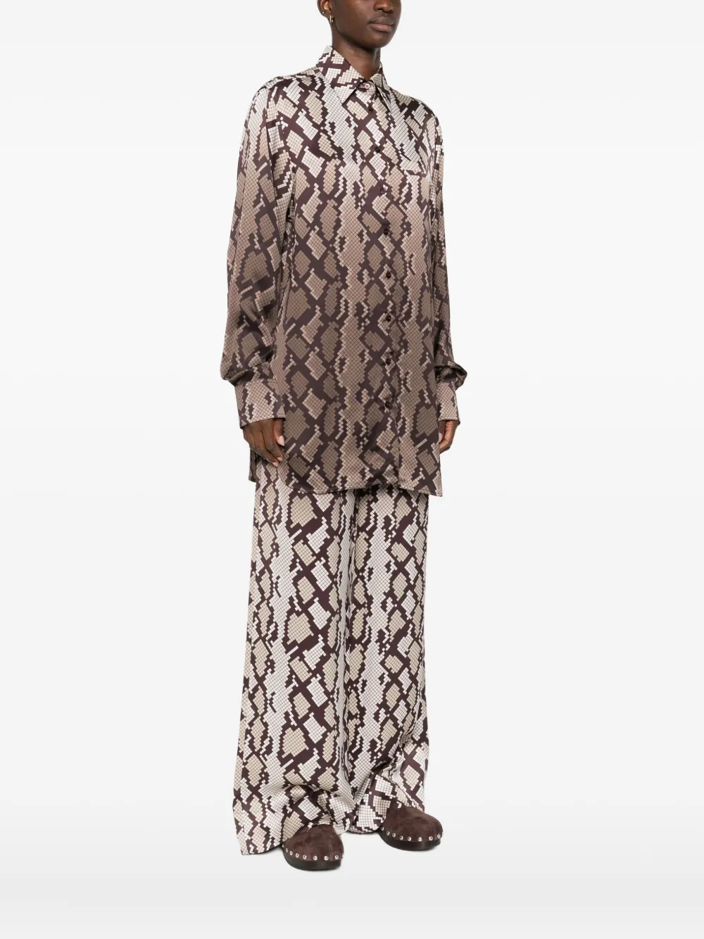 Stella Mccartney Long Sleeve Collared Shirt With Snake Print In Brown