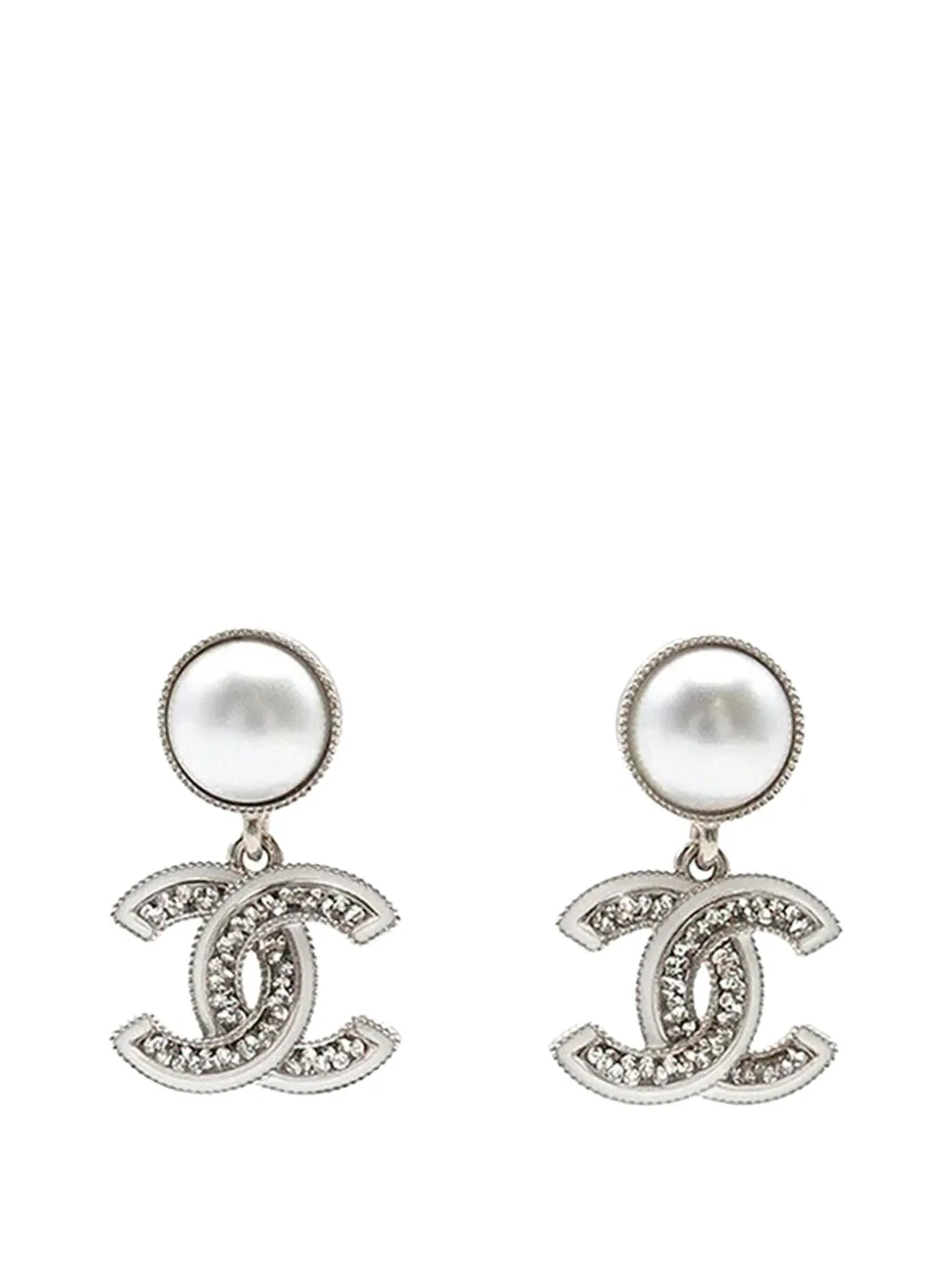 CHANEL Pre-Owned 2025 Silver Plated Faux Pearl CC Crystal Drop Push CHANEL Pre-Owned 2025 Silver Plated Faux Pearl CC Crystal Drop Push