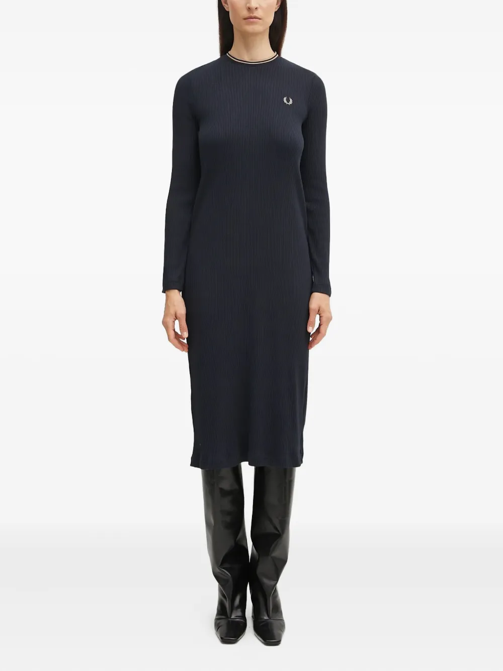 Fred Perry Logo-embroidered Ribbed-knit Midi Dress In Black