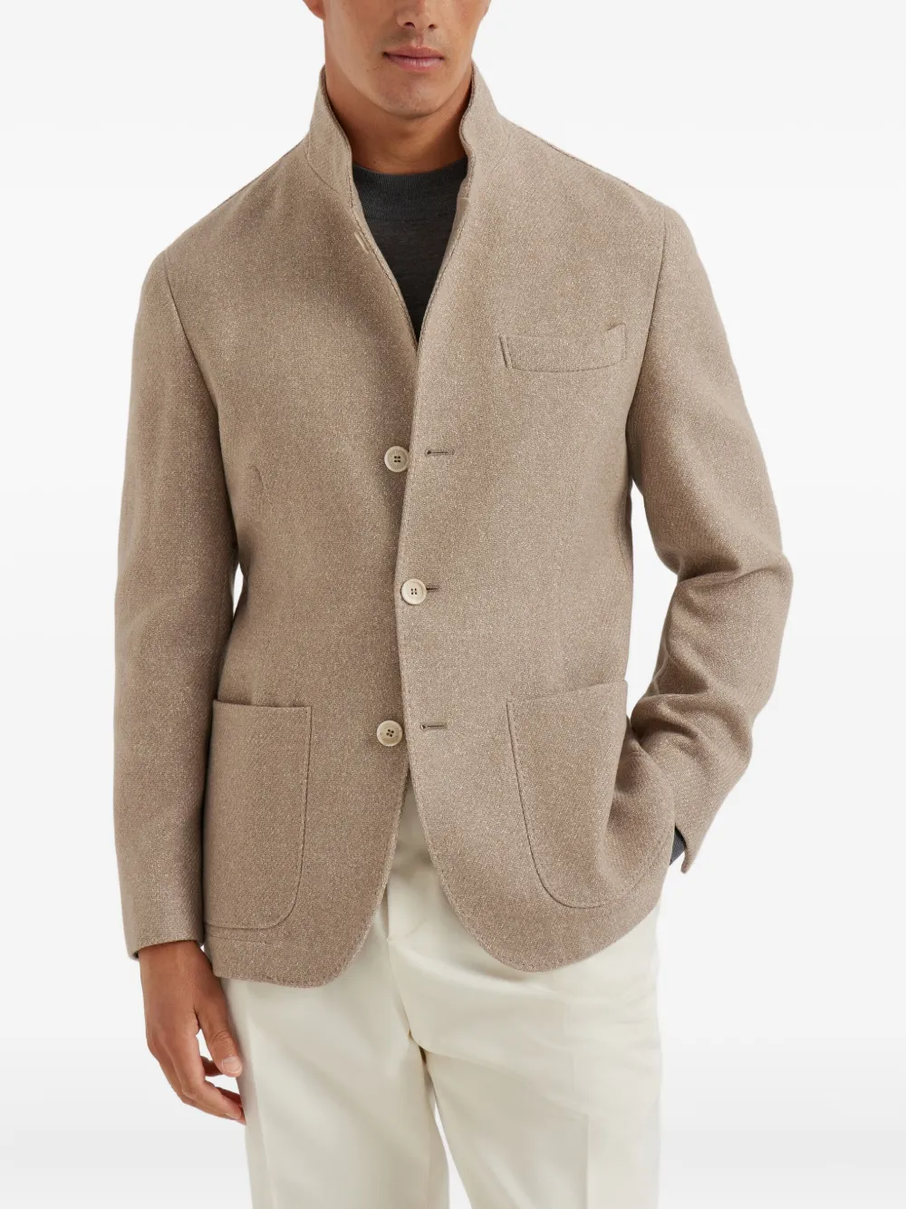 Brunello Cucinelli Blazer met opstaande kraag en zak Beige