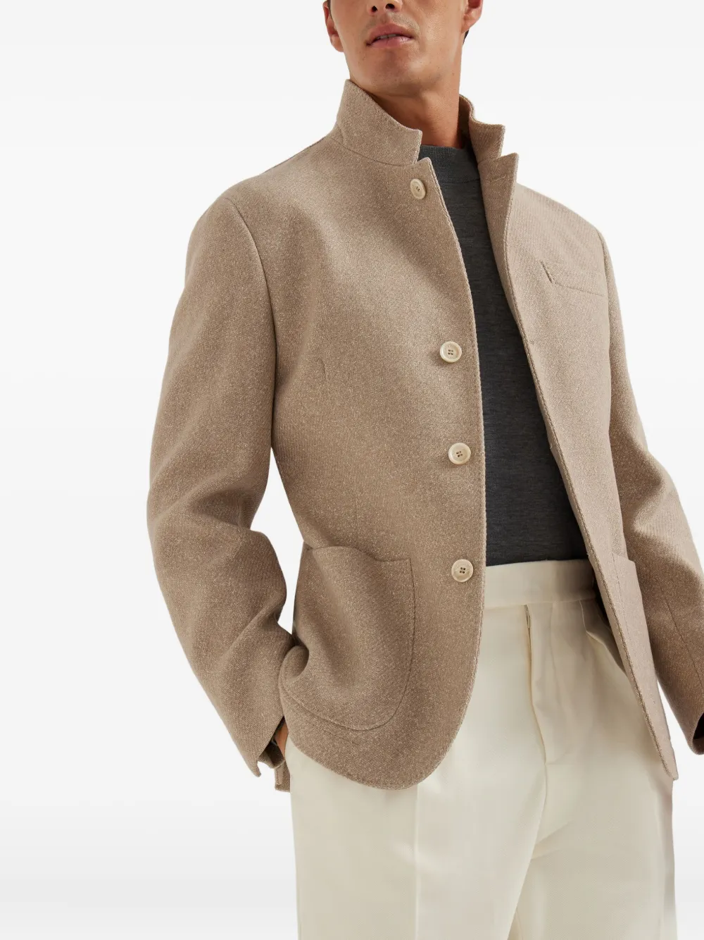 Brunello Cucinelli Blazer met opstaande kraag en zak Beige