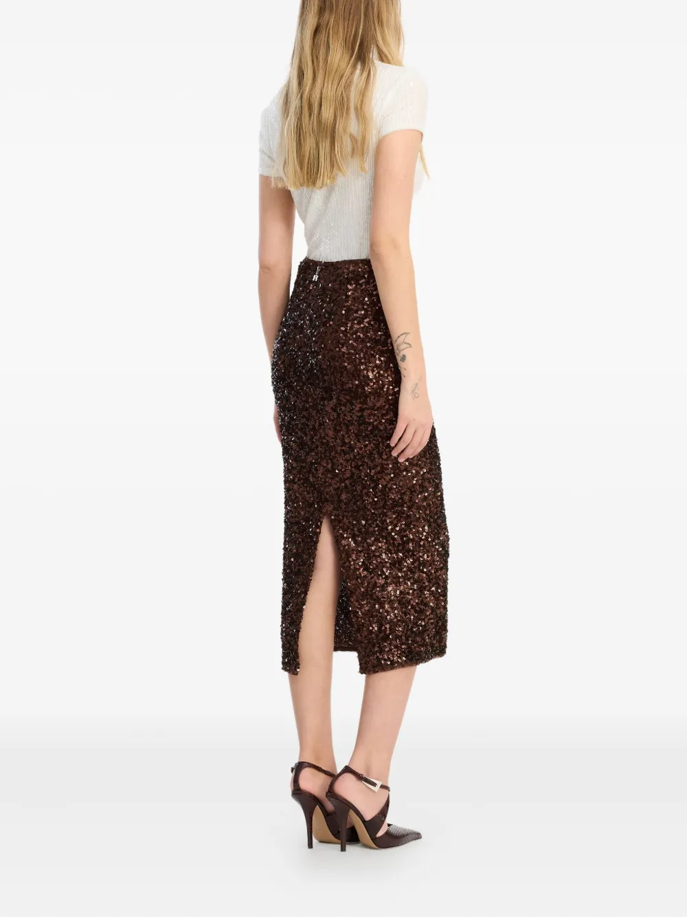 Rotate Birger Christensen Sequin-embellished Midi Pencil Skirt In Brown