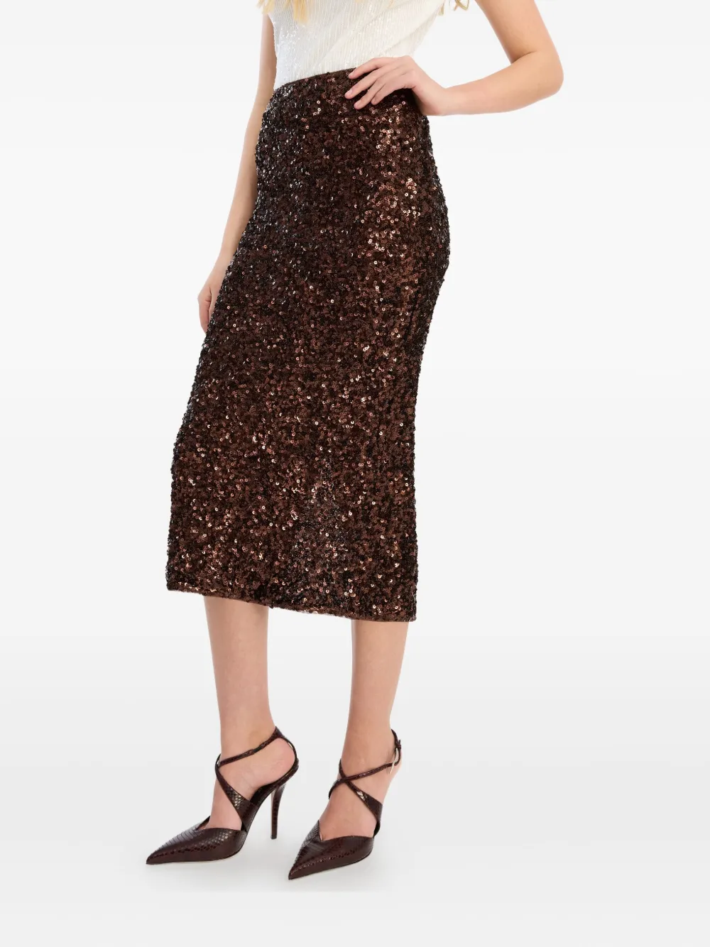 Rotate Birger Christensen Sequin-embellished Midi Pencil Skirt In Brown