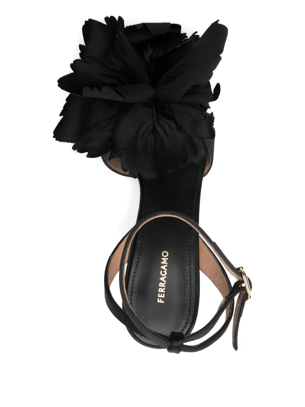Ferragamo Ghilly 95 T Leather Fabric Flower High Heel Sandal In Black