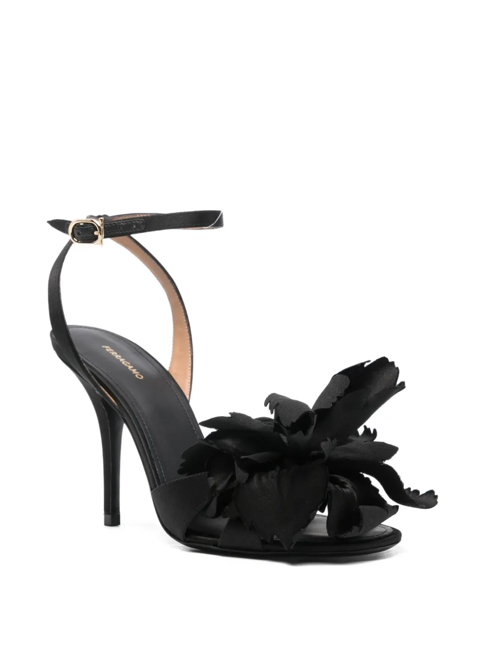 Ferragamo Ghilly 95 T Leather Fabric Flower High Heel Sandal In Black