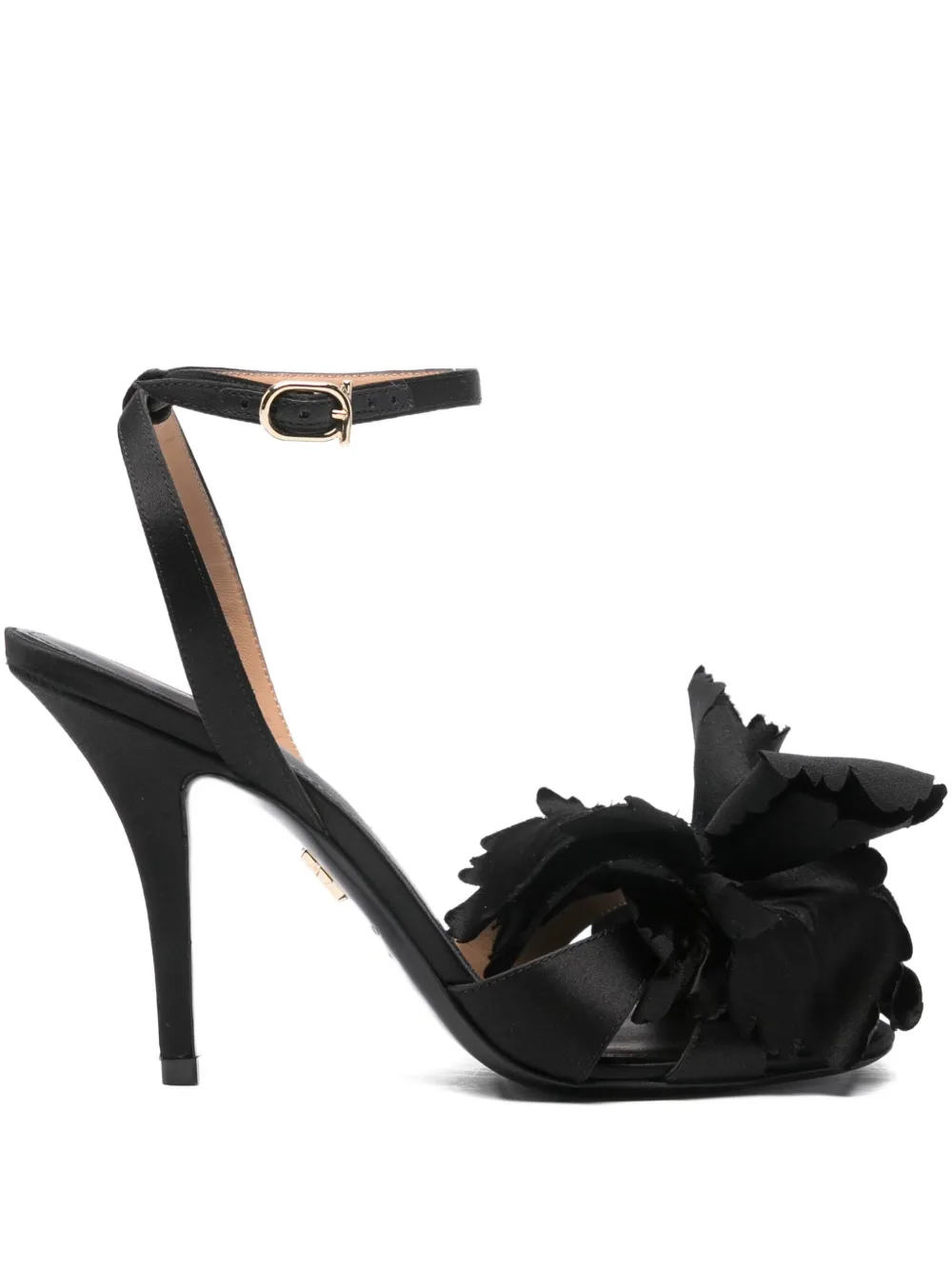 Ferragamo Ghilly 95 T Leather Fabric Flower High Heel Sandal In Black
