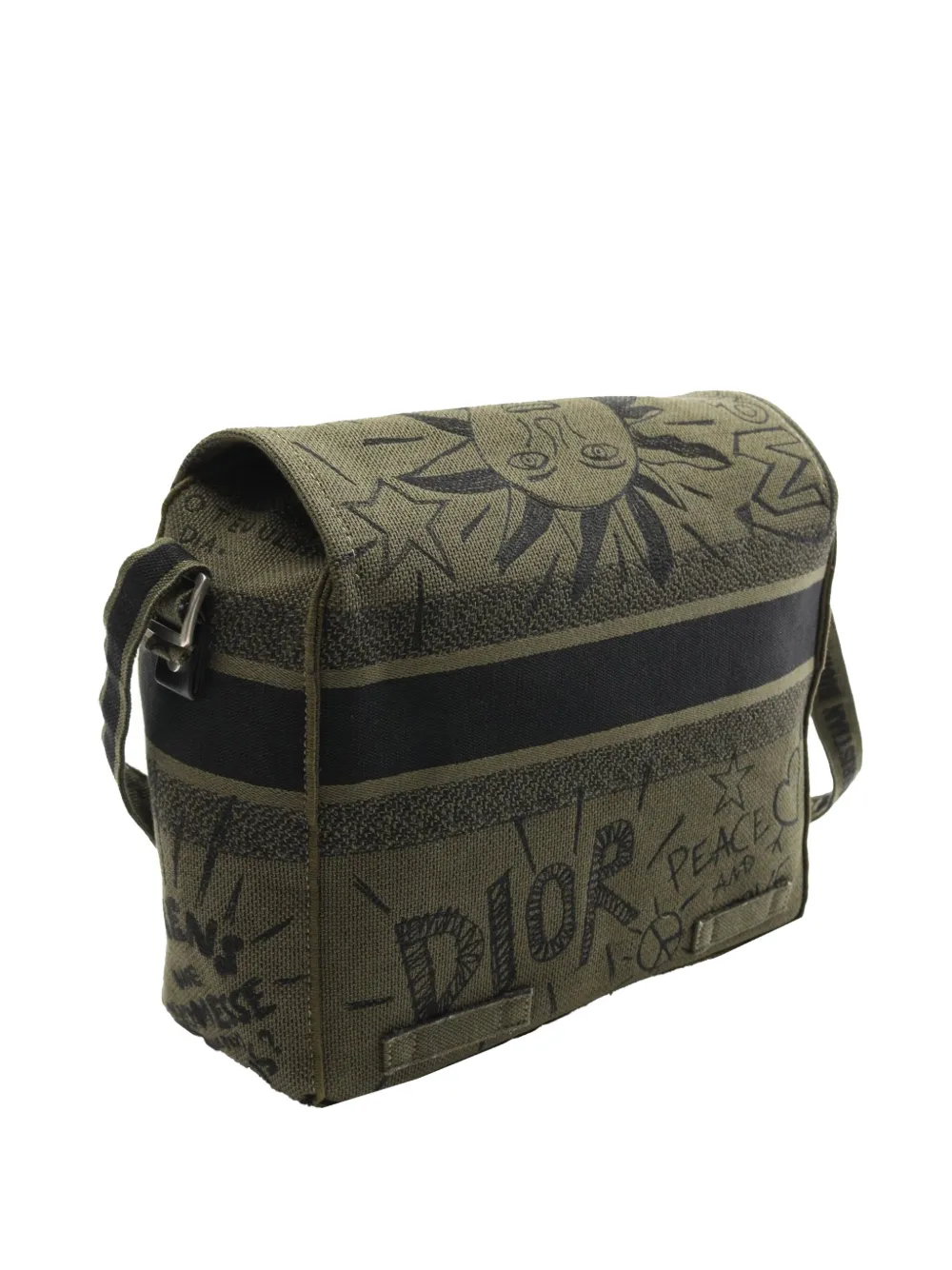 Pre-owned Dior 2010-2025 Large Embroidered Canvas Graffiti Camp Messenger Bag Crossbody Bag In Green