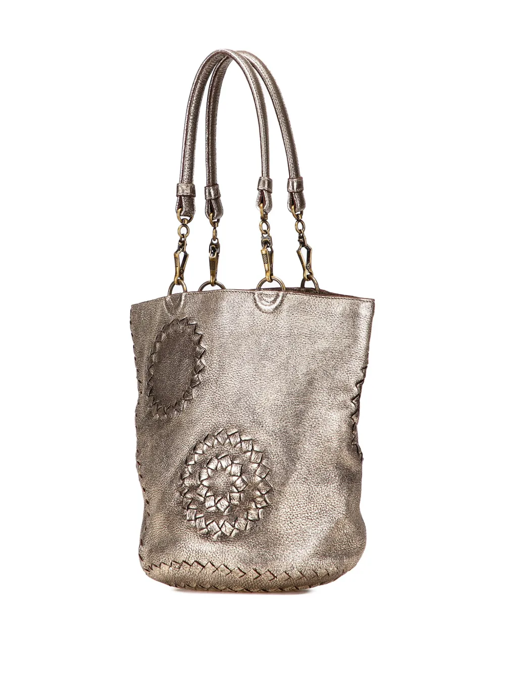 Pre-owned Bottega Veneta 2007 Small Metallic Intrecciato Trimmed Cervo Bucket Bag In Gold