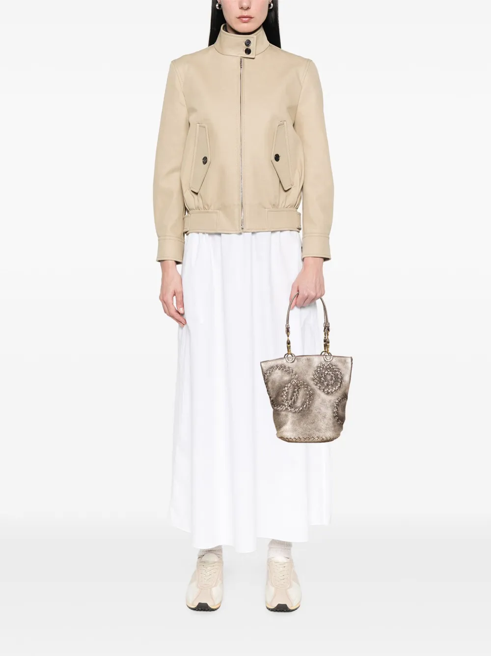 Pre-owned Bottega Veneta 2007 Small Metallic Intrecciato Trimmed Cervo Bucket Bag In Gold