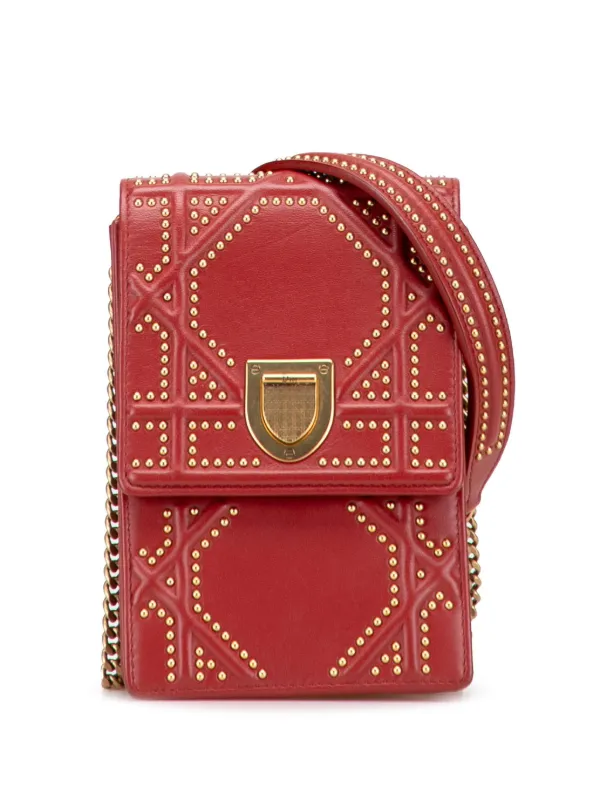 Dior Pre-owned 2017 Studded Lambskin Vertical Diorama Crossbody Bag in Red