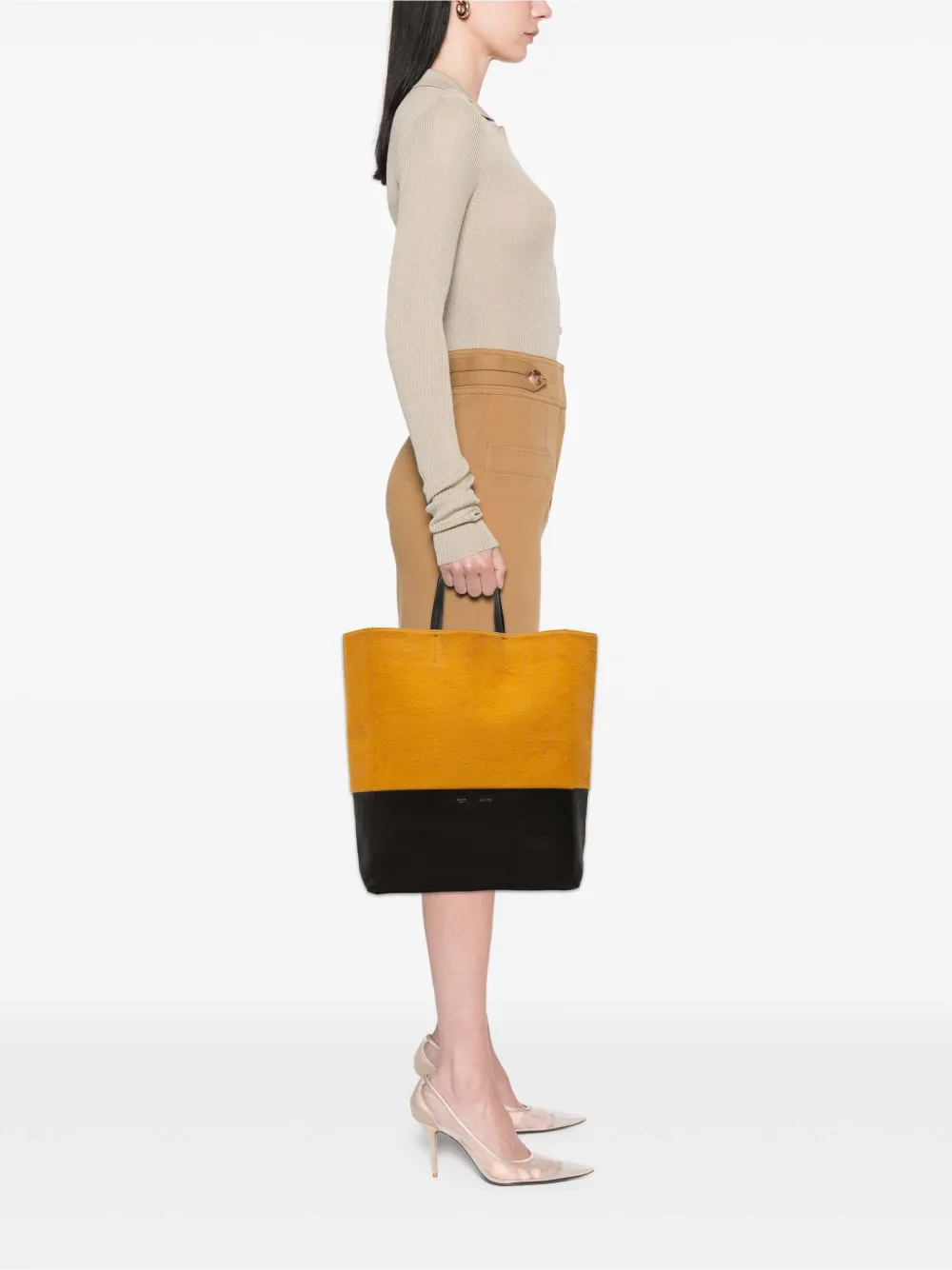 Pre-owned Celine 2012 Small Bicolor Suede And Calfskin Vertical Cabas Tote Bag In Orange